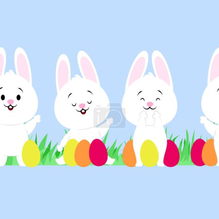 Foto de Borde de Pascua sin costuras de conejitos blancos, huevos de Pascua y hierba - Imagen libre de derechos