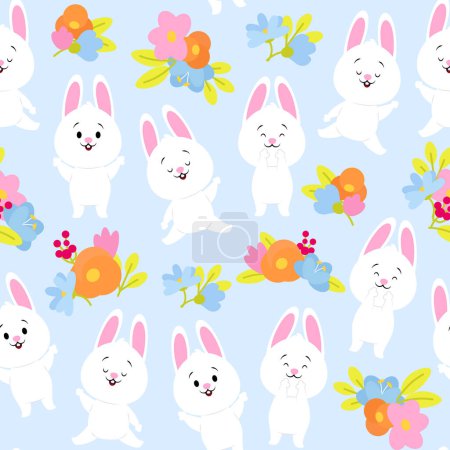 Foto de Patrón sin costuras de lindos conejitos de Pascua blancos y flores simples - Imagen libre de derechos
