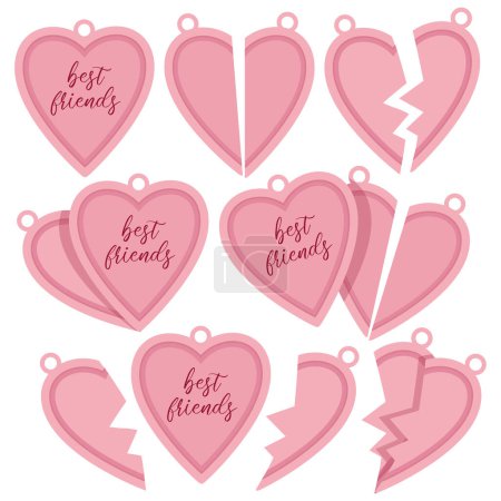 A set of pink pendants in the shape of a heart with the inscription best friends and a split hit for friendship day