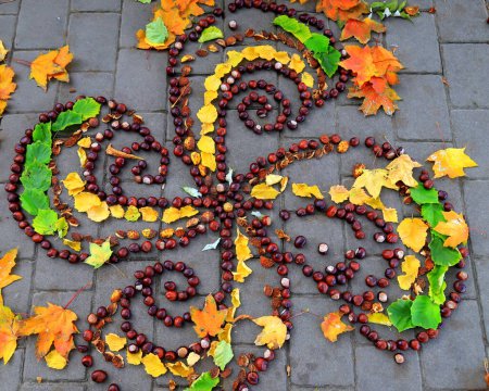 Photo for Ornament of autumn maple leaves and chestnuts on city street. Flower painting, image. Children s creativity in fall season - Royalty Free Image