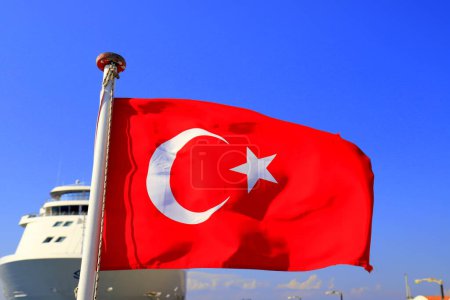 Turkey Flag on background of ocean liner, Red national state Turkish flag, horizontal panoramic banner