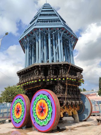 Right Side view of the huge Chariot (Rathamu) which is used in the Brahmotsavam festival in Venkateswara Temple, Tirumala. Tirupati, Andhra Pradesh
