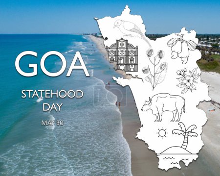 Illustration of Goa Statehood Day on May 30, set against a beach backdrop adorned with the map of Goa.