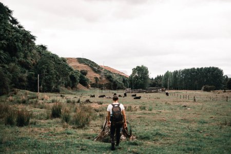 Téléchargez les photos : Garçon caucasien avec sac à dos sur le dos se dirigeant à travers la prairie vers une grande bûche coupée en deux sur le tramway waitawheta, Nouvelle-Zélande concept LIfestyle - en image libre de droit