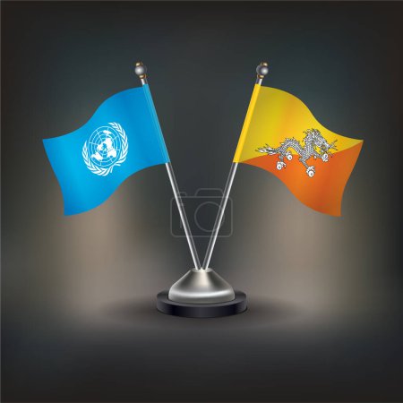 Flagge der Vereinten Nationen gegen Bhutan in einem Ständer auf einem Tisch mit transparentem Hintergrund