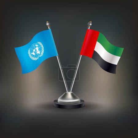 Vereinte Nationen und Vereinigte Arabische Emirate Flagge Relation, stehen auf dem Tisch. Vektorillustration