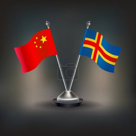 China and Aland Islands flag Relation, stand on table. Vector Illustration