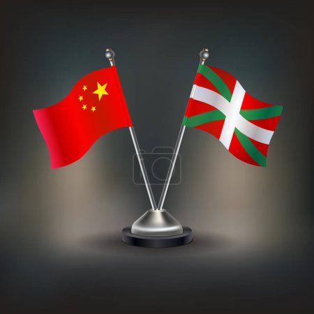 Illustration for China and Basque lands flag Relation, stand on table. Vector Illustration - Royalty Free Image