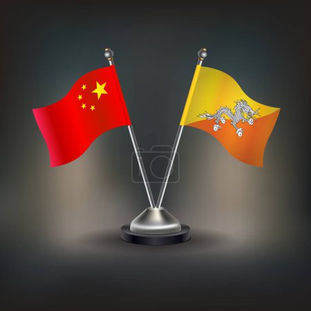 Illustration for China and Bhutan flag Relation, stand on table. Vector Illustration - Royalty Free Image