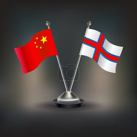 Illustration for China and Faroe Islands flag Relation, stand on table. Vector Illustration - Royalty Free Image