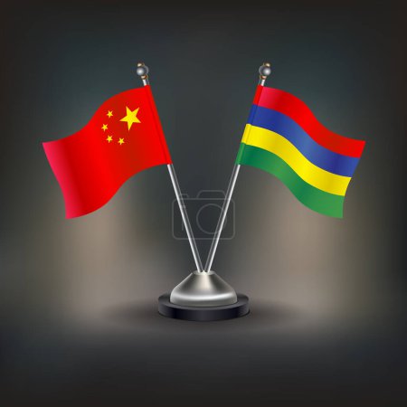 China and Mauritius flag Relation, stand on table. Vector Illustration