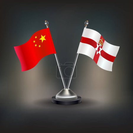 Illustration for China and Northern Ireland flag Relation, stand on table. Vector Illustration - Royalty Free Image