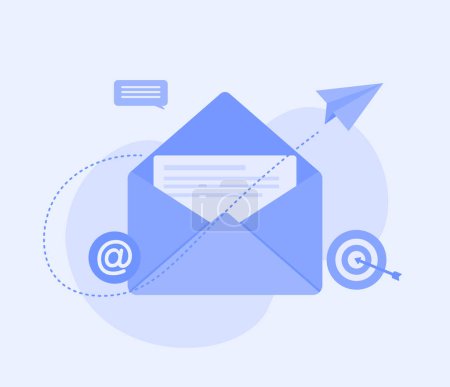 Enveloppe courriel avec blanc ouvert. Isolé sur fond bleu. Illustration pour les bulletins électroniques et le web