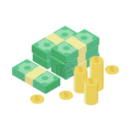 Illustration for Isometric money dollar cash flat vector illustration. dollar banknotes illustration. green paper bill. Fly cartoon money isolated on blue background. suitable for finance and business - Royalty Free Image