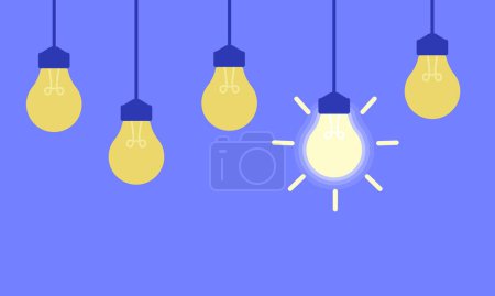 Illustration for Hanging light bulbs with one glowing on a purple background. Concept of idea vector illustration - Royalty Free Image