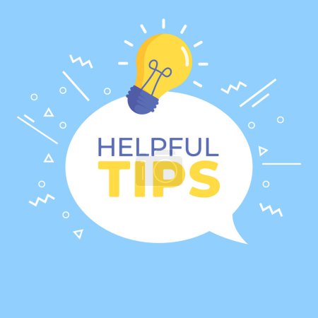 Illustration for Helpful tips message bubble with light bulb emblem. Symbol for helpful tips. Frequently asked questions sign. - Royalty Free Image