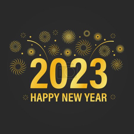 Foto de Feliz año nuevo 2023 fondo con elegantes fuegos artificiales de oro. Adecuado para tarjetas de felicitación, banner, invitaciones - Imagen libre de derechos