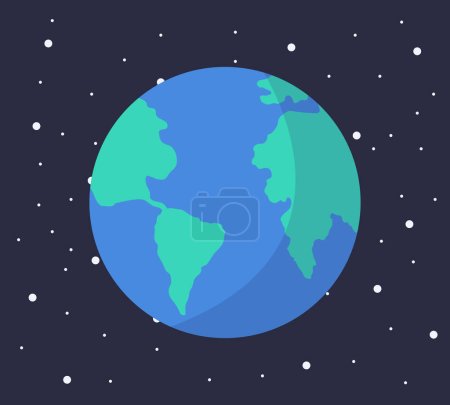 Foto de Dibujos animados planeta sistema solar en estilo plano. Planeta Tierra en el espacio oscuro con ilustración de vectores de estrellas. - Imagen libre de derechos