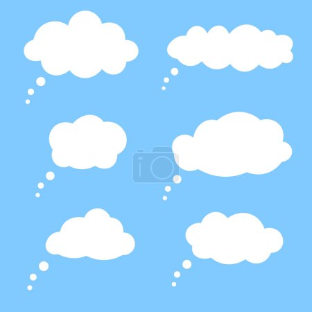 Téléchargez les illustrations : Collecte de bulles vocales Cloud. Bulle de parole abstraite plate en forme de nuage sur fond bleu - en licence libre de droit