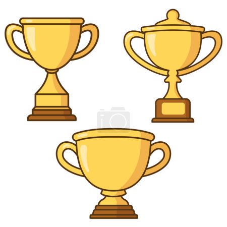 Foto de Colección de iconos de dibujos animados trofeo de oro. Primer lugar campeón copa trofeo en estilo plano. Icono de esquema plano vectorial - Imagen libre de derechos