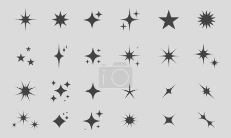 Retro futuristische Funkel Icons Kollektion. Set von Sternenformen. Abstraktes Design mit kühlem Glanz. Vorlagen für Design, Poster, Projekte, Banner, Logo und Visitenkarten