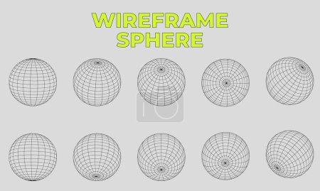 Foto de Colección esfera Wireframe 3D. globo o bola en el círculo de alambre de red. Estética futurista retro. geometría wireframe formas rejilla. elementos cyberpunk en el estilo psicodélico rave de moda - Imagen libre de derechos