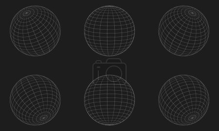 Foto de Colección esfera Wireframe 3D. globo o bola en el círculo de alambre de red. Estética futurista retro. geometría wireframe formas rejilla - Imagen libre de derechos