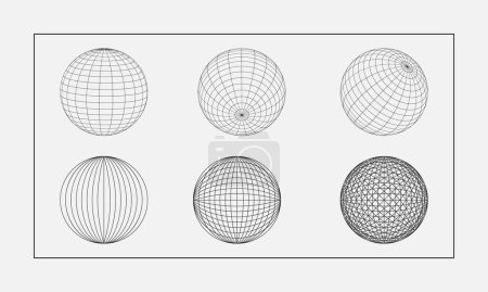 Foto de Colección esfera Wireframe 3D. globo o bola en el círculo de alambre de red. Estética futurista retro. geometría wireframe formas rejilla. elementos cyberpunk en el estilo psicodélico rave de moda - Imagen libre de derechos