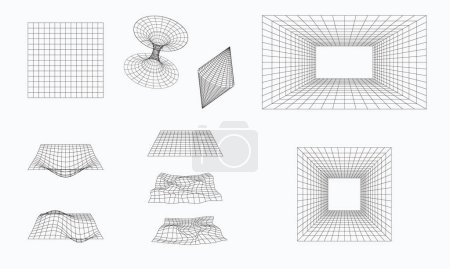Foto de Geometría 3D formas de alambre y rejillas sobre fondo blanco. Elementos de diseño futurista retro. Elementos cyberpunk en el moderno estilo psicodélico rave - Imagen libre de derechos