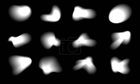 Ilustración de Formas borrosas blancas abstractas, formas geométricas abstractas con bordes suaves. Formas orgánicas borrosas. Varias formas de silueta con efecto difuminado sobre fondo negro - Imagen libre de derechos