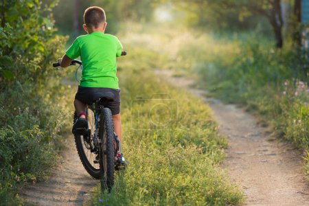 Foto de A boy rides a bicycle, drives away, with his back to the camera, surrounded by greenery, beautiful sunlight - Imagen libre de derechos