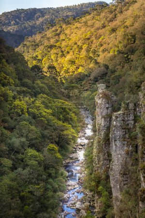 Téléchargez les photos : Canyon du sud du Brésil et paysage fluvial au lever du soleil doré paisible - en image libre de droit