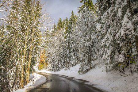 Photo for Mountain Road pass between Bavarian Alps and Austrian Tyrol at autumn, after snow - Royalty Free Image
