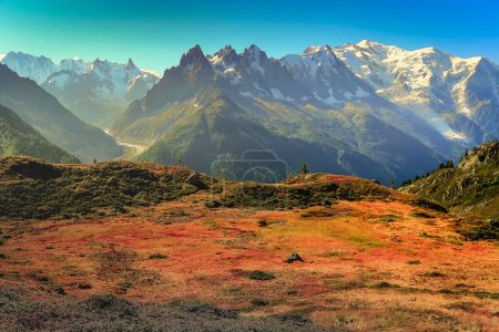 Mont Blanc massif idyllic alpine landscape countryside at sunny day, Chamonix, French Alps