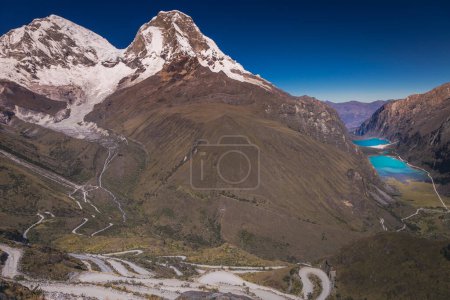 Photo for Portachuelo winding Road, mountain pass in Huascaran, Cordillera Blanca, snowcapped Andes, Ancash, Peru - Royalty Free Image