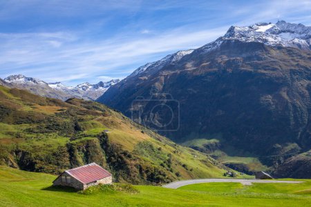 Photo for Oberalp mountain pass, dramatic road with swiss alps at sunny day, Switzerland - Royalty Free Image