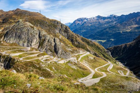 Photo for St. Gotthard mountain pass, dramatic road with swiss alps at sunny day, Switzerland - Royalty Free Image