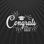 Congrats! greeting sign for graduation party. Class of 2023. Academic cap and diploma. Vector typography design for congratulation ceremony, invitation card, banner. Grads symbol for university,