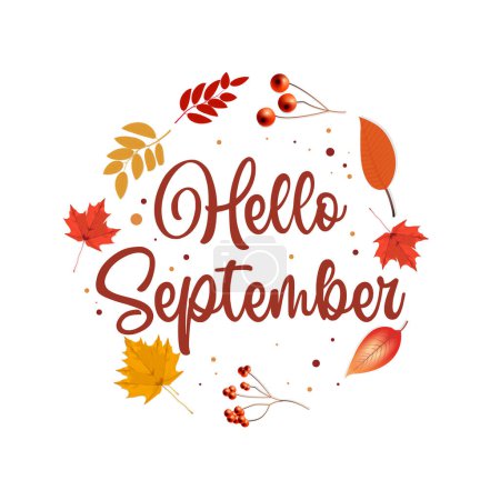 Bienvenidos septiembre. mes nuevo. Hola septiembre Vector con hojas de otoño. Temporada de otoño. Otoño vector.