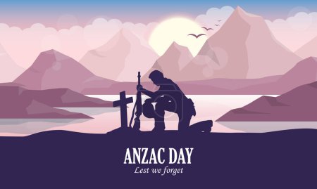 Illustration for Vector illustration of beauty landscape. Remembrance day symbol. Lest we forget. Anzac day background with australian soldier and beauty landscape. - Royalty Free Image