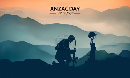 Illustration for Vector illustration of beauty landscape. Remembrance day symbol. Lest we forget. Anzac day background with australian soldier and beauty landscape. - Royalty Free Image