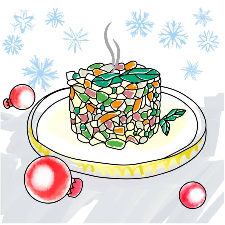 Illustration for Delicious holiday salad, Olivier, on the background of toys and snowflakes, doodle style vector illustration - Royalty Free Image