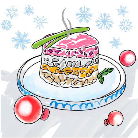 Ilustración de Arenque bajo un abrigo de piel, una deliciosa ensalada festiva de remolachas y costillas, sobre el fondo de juguetes y copos de nieve, una ilustración vectorial en un garabato - Imagen libre de derechos