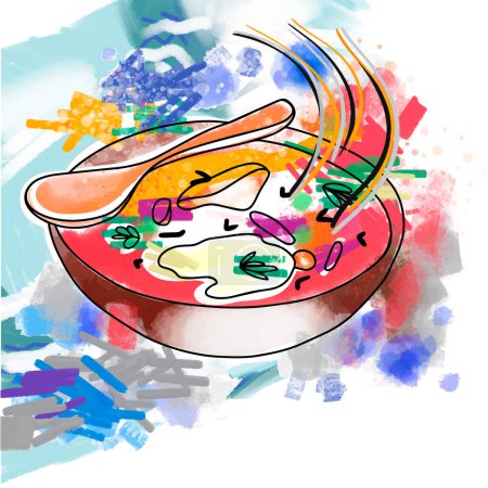 Ilustración de Ilustración con pinceladas húmedas, delicioso y brillante borscht, cocina casera - Imagen libre de derechos
