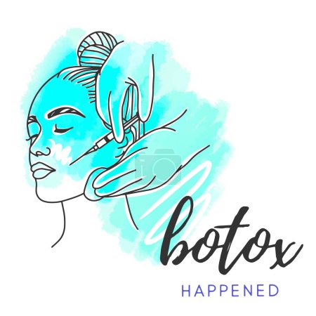 Illustration for Girl getting injections for beauty, Botox Happiness, handwritten quote, doodle style - Royalty Free Image