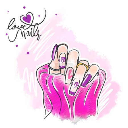 Téléchargez les photos : Trendy purple and pink nail design, long nails, love nails, handwritten quote, holiday manicure - en image libre de droit