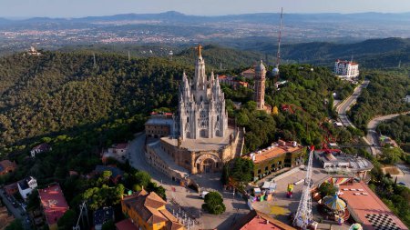 Photo for Aerial view of Barcelona skyline with Sagrat Cor temple during a sunny day, Catalonia, Spain - Royalty Free Image