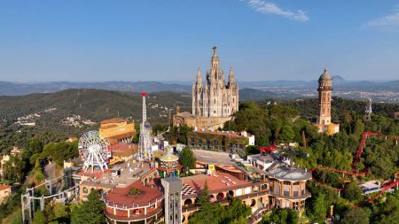 Photo for Aerial view of Barcelona skyline with Sagrat Cor temple during a sunny day, Catalonia, Spain - Royalty Free Image
