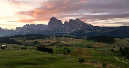 Dolomites sunrise, Seiser Alm or Alpe di Siusi, Alps, Sassolungo and Sassopiatto mountains, Trentino Alto Adige, South Tyrol, Italy, Europe