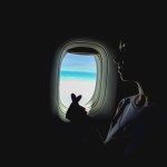 creative photo in dark tones, woman looking out of airplane window, flying on aircraft. Female crossed fingers like korean heart sign. Love to travel